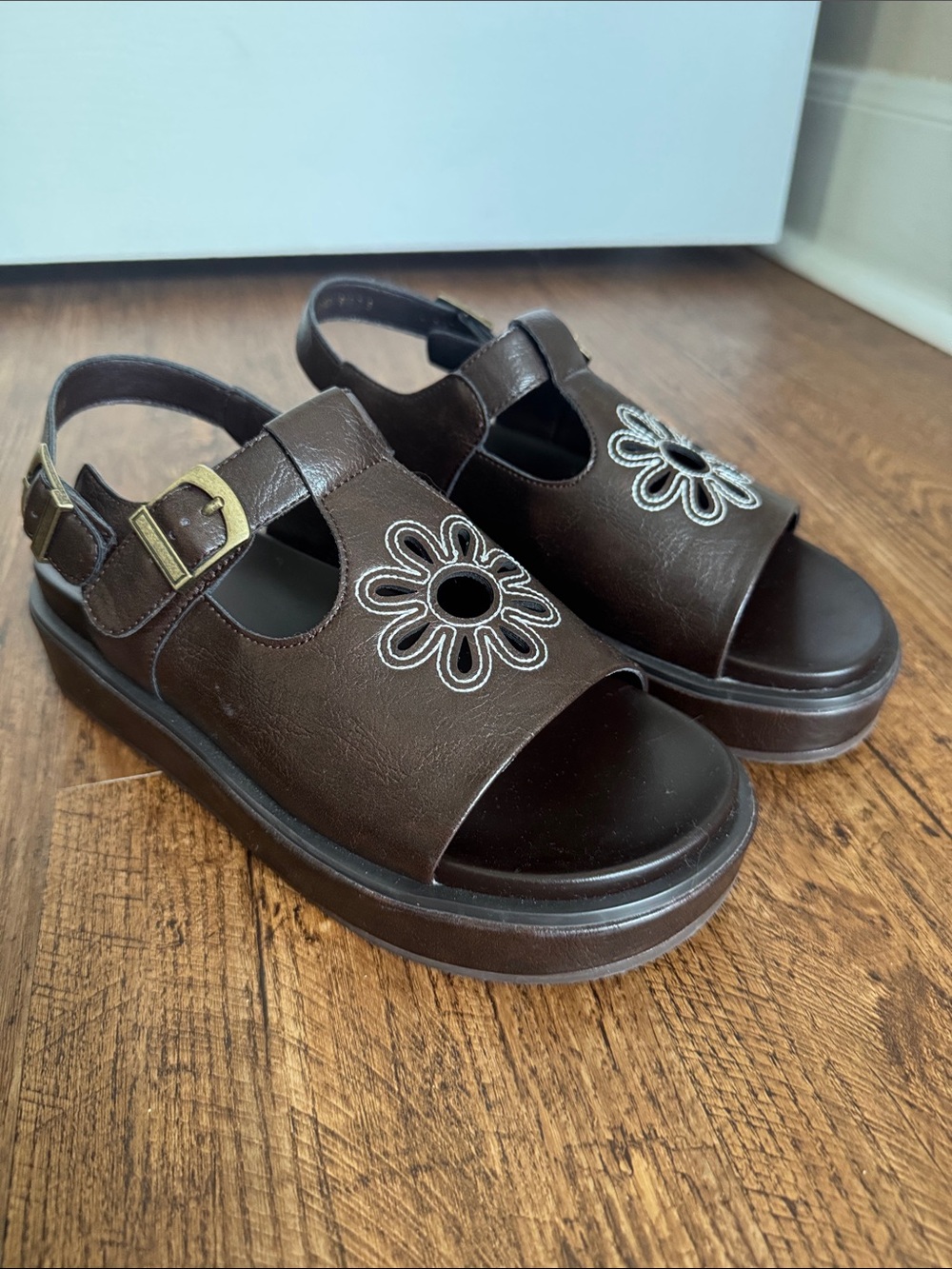 Brown Floral Cutout Platform Sandals